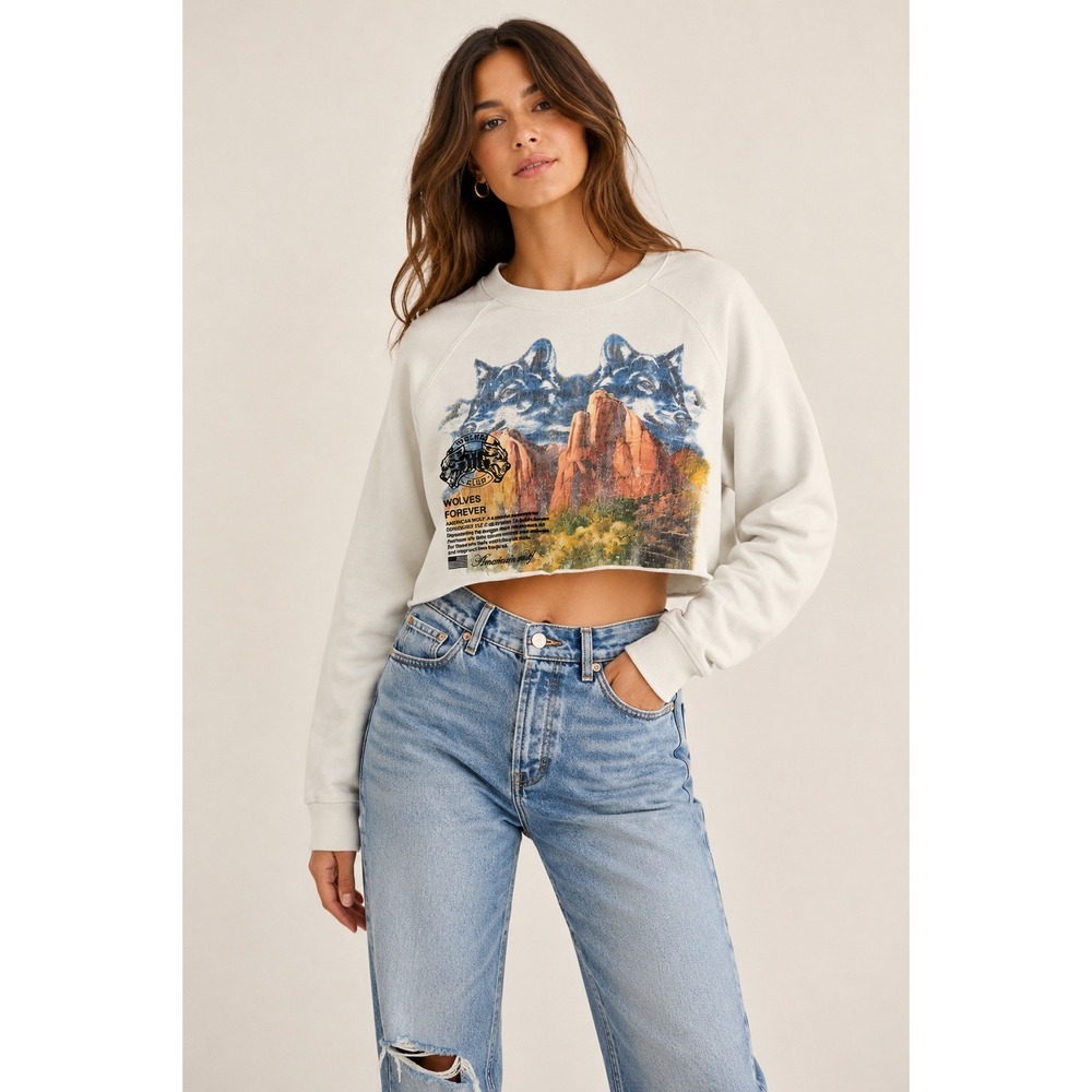 Darc‎ Sport Wolves Forever Cropped Sweatshirt Off White Graphic Pullover Small